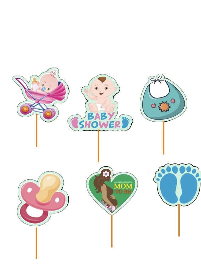 pop colours Baby Shower Cake Toppers | Set of 6 Pieces | Stroller Pacifier Bib Footprint Design | Baby Shower - Image 1
